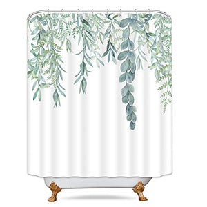 Riyidecor Green Leaves Shower Curtain 54Wx78H Inch Watercolor Spring Botanical Plant Branch Bouquet Fabric Waterproof Home Bathtub Decor 7 Pack Plastic Hook