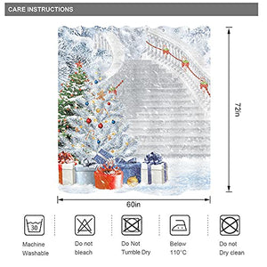 Riyidecor Merry Christmas Tree Shower Curtain 60Wx72H Inch Xmas Stairs Holiday Winter Vacation Snow Gift Candy Cane New Year Eve 12 Pack Plastic Hooks Fabric Waterproof Home Bathroom Decor