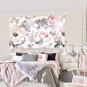 Riyidecor Watercolor Floral Rose Tapestry Elegant Pink Bloom Flowers and Leaves Spring Plant Botanical White Rustic Home Decor Wall Hanging for Living Room Bedroom Dorm 60x80 Inches