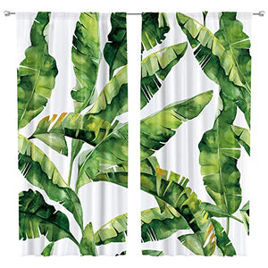 Riyidecor Tropical Palm Curtain Tree Leaf Rod Pocket Botanical Plant Banana Tree Nature Summer White Modern Printed Living Room Bedroom Window Drapes Treatment Fabric (2 Panels 42 x 63 Inch)
