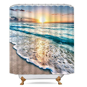 Riyidecor Beach Shower Curtain Sunrise Summer Ocean Coastal Sunrise Hawaiian Cool Sea Wave Seaside Scene Island Blue Fabric Set Waterproof 72x72 Inch 12 Pack Hooks Bathroom Decor