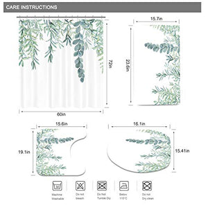 Riyidecor Green Leaves Shower Curtain 60Wx72H Inch with 3 Piece Bathroom Rug Set Metal Hooks Watercolor Botanical Bath Contour Mat Toilet Lid Cover U Shaped Non-Slip Washroom Decor Shower Accessories