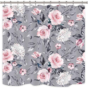 Riyidecor Floral Shower Curtain Pink Rose Rustic Blossom Flower Grey Chic Spring Leaves Garden Plants Fabric Waterproof Home Decor 12 Pack Plastic Hook 72x72 Inch