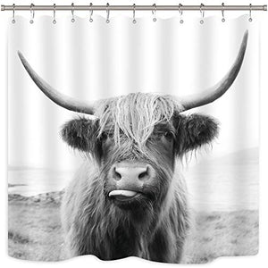Riyidecor Funny Bull Shower Curtain 60Wx72H Inch Highland Cow Animal Wildlife Cute Sketch Milk Waterproof Fabric Modern Fashion Polyester Bathroom Decor 12 Pack Plastic Hooks
