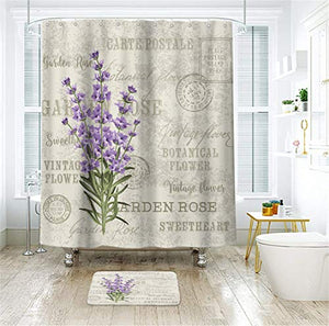 Riyidecor Fabric Flowers Shower Curtain Set for Bathroom 72Wx72H Inch Vintage Lavender Bath Curtain for Women Girls Purple Floral Bathtub Accessories Plant Waterproof 12 Pack Plastic Hooks
