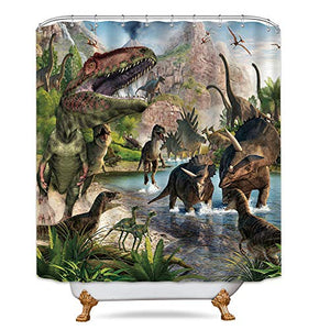 Riyidecor Dinosaur Shower Curtain Boys Kids Animal Dino Jungle Forest Mountain Decor Fabric Bathroom 72x72 Inch 12 Pack Plastic Shower Hooks Included