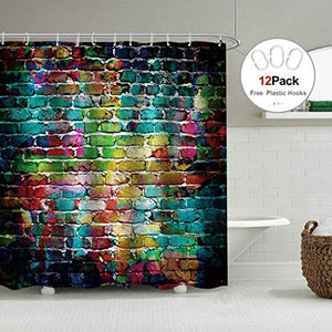 Riyidecor Colorful Brick Wall Shower Curtain Hip Hop Graffiti Colorful Rainbow Painting Decor Fabric Bathroom Polyester Waterproof 72x72 Inch 12-Pack Plastic Hooks