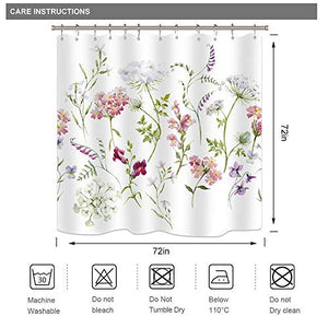 Riyidecor Herbs Floral Plants Shower Curtain Watercolor Wildflowers Delicate Flower Pink Tansy Pansies Retro White Decor Fabric Bathroom Polyester Waterproof 72" W x 72" H Plastic Hooks 12 Pack