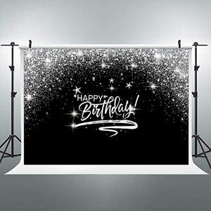 Riyidecor Silver Glitter Happy Birthday Backdrop Black Night Stars Party Photography Background 7Wx5H Feet Decor Props Photo Shoot Banner Vinyl Cloth