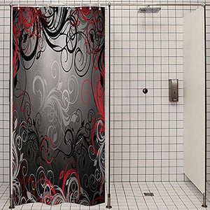 Riyidecor Red and Grey Black Shower Curtain Metal Hooks 7 Pack Leaf Swirl Floral Modern Forest Decor Fabric Set Polyester Waterproof Fabric Bathtub 39Wx72H Inch