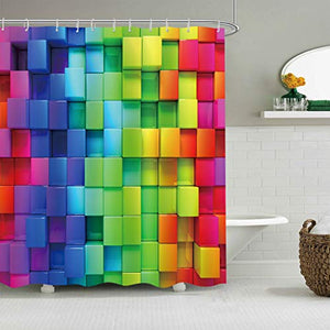 Riyidecor Rainbow Geometric Plaid Shower Curtain 72x78 Inch Metal Hooks 12 Pack Neon Rainbow Colored Blue Green Red Purple Decor Fabric Bathroom Set Polyester Waterproof Fabric