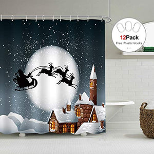 Riyidecor Night Santa Claus Sleigh Chimney Sliver Shower Curtain Snowflake Merry Christmas Winter Deer Holiday Kids Gingerbread House Decor Fabric Polyester 72x72 Inch 12 Pack Plastic Hooks Included