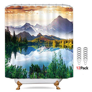Riyidecor Mountain Scenic Shower Curtain 72Wx78H Inch Metal Hooks 12 Pack Scenery Landscape Art Blue Sky Forest Beauty Wilderness and Hiking Decor Fabric Set