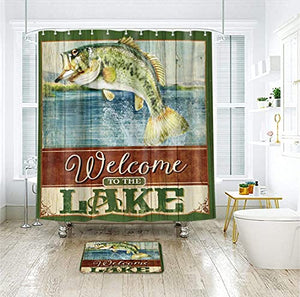Riyidecor Fishing Shower Curtain Set Fish Lake Quotes Wooden Plank Rustic Theme Nautical Green Man Bathroom Home Decor Panel Fabric Waterproof Bathtub 12-Pack Plastic Shower Hooks 72x72 Inch