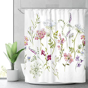 Riyidecor Herbs Floral Plants Shower Curtain Watercolor Wildflowers Delicate Flower Pink Tansy Pansies Retro White Decor Fabric Bathroom Polyester Waterproof 72" W x 72" H Plastic Hooks 12 Pack