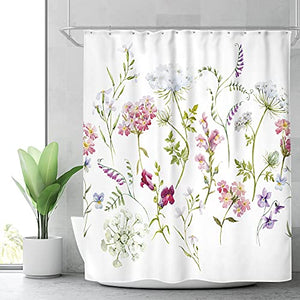 Riyidecor Extra Long Herbs Floral Plants Shower Curtain 72Wx84H Watercolor Wildflowers Delicate Flower Pink Tansy Pansies Retro White Decor Fabric Bathroom Polyester Waterproof Plastic Hooks 12 Pack