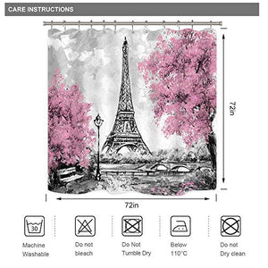 Riyidecor Paris Eiffel Tower Shower Curtain for Bathroom Decor 72Wx72H Inch Pink Paris Theme Bath Set for Women Girls Vintage Eiffel City Landscape Home Accessories Fabric Waterproof 12 Pack Hooks