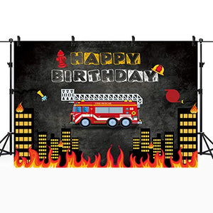 Riyidecor Firetruck Happy Birthday Party Backdrop Fireman Fire Truck Firefighter 7x5 Feet Black Red Photography Background Boy Birthday Decorations Celebration Photo Banner Photo Booth Vinyl Cloth