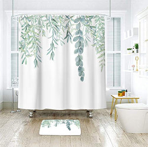 Riyidecor Eucalyptus Green Floral Shower Curtain 60Wx72H Inch Organic Natural Leaf Watercolor Cute Green Leaves Botanical Plant Branch Bouquet Fabric Waterproof Home Bathtub Decor 12 Pack Plastic Hook