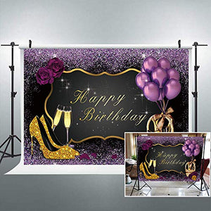 Riyidecor Purple Birthday Backdrop for Women 7x5 Feet Golden High Heels Champagne Glass Photography Background Adult Woman Elegant Cake Table Banner Birthday Decor Props Party Photo Shoot Vinyl
