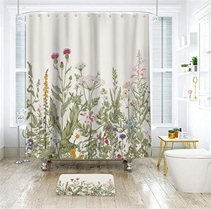 Riyidecor Extra Long Wild Flower Shower Curtain for Bathroom Decor 72Wx84H Inch Vintage Botanical Colorful Border Accessories Herbs Bathroom Set Windows Fabric Polyester Waterproof 12 Pack Hooks