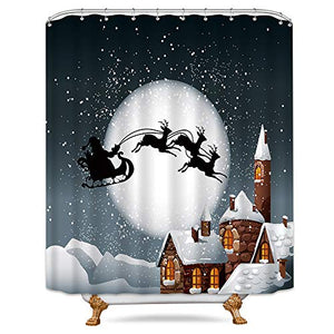 Riyidecor Night Santa Claus Sleigh Chimney Sliver Shower Curtain Snowflake Merry Christmas Winter Deer Holiday Kids Gingerbread House Decor Fabric Polyester 72x72 Inch 12 Pack Plastic Hooks Included