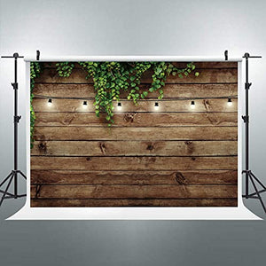 Riyidecor Vintage Wooden Board Backdrop Green Leaves on Brown Wood Plank Floor Plants Lights Rustic Retro Birthday Party Photographic Background 5Wx3H Feet Decor Props Photo Shoot Banner Fabric