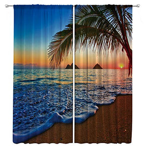 Riyidecor Ocean Coastal Hawaiian Sunrise Curtain Beach scenery Rod Rocket Tropical Island Sunset Scene Sea Wave Palm Tree Summer Living Room Bedroom Window Drapes Fabric 2 Panels 52 x 84 Inch WW-IHTB