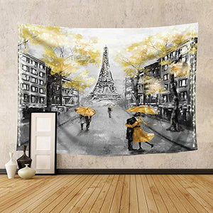 Wowzone Eiffel Tower Oil Painting Pairs Tapestry European City Landscape France 51Lx59W Inch Gray Yellow Tree Lovers Couple Building Umbrella Decoration Bedroom Living Room Dorm Wall Hanging