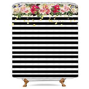 Riyidecor Flower Shower Curtain Panel Black and White Stripe Floral Wedding Rose Pink Herbs Decor Fabric Set Polyester Waterproof 72x72 Inch 12 Pack Included Plastic Hooks