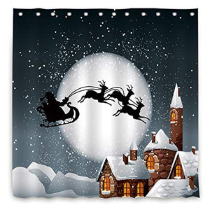 Riyidecor Night Santa Claus Sleigh Chimney Sliver Shower Curtain Snowflake Merry Christmas Winter Deer Holiday Kids Gingerbread House Decor Fabric Polyester 72x72 Inch 12 Pack Plastic Hooks Included