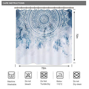 Riyidecor Blue Mandala Shower Curtain India Ethnic Boho Medallion Abstract Bohemian Retro Floral Geometric Fabric Waterproof Home Bathtub Decor 12 Pack Plastic Hook 72x72 Inch
