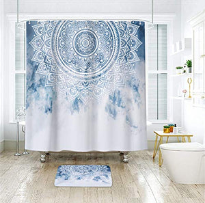 Riyidecor Blue Mandala Shower Curtain India Ethnic Boho Medallion Abstract Bohemian Retro Floral Geometric Fabric Waterproof Home Bathtub Decor 12 Pack Plastic Hook 72x72 Inch