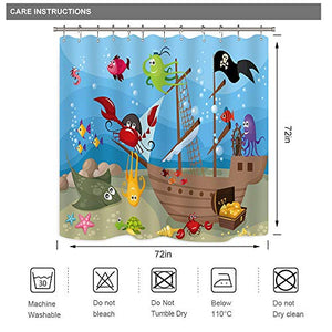 Riyidecor Pirate Ship Shower Curtain Boys Underwater Ocean Fish Kids Sea Marine Animal Decor Fabric Bathroom 72x72 Inch 12 Pack Plastic Shower Hooks