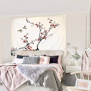 Riyidecor Asian Cherry Flower Tapestry 51Hx59W inch Japanese Style Red Blossom Floral Branch Birds Nature Animal Spring Artwork Wall Hanging Dorm Decor Bedroom Living Room
