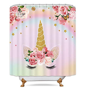 Unicorn Shower Curtain Kids Girls Pink Animals Cartoon Floral Colorful Oil Painting Decor Fabric Set Polyester Waterproof 72x72 Inch 12-Pack Plastic Hooks