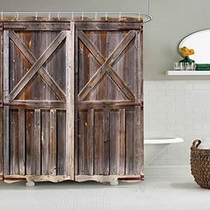 Riyidecor Wooden Barn Door Shower Curtain Panel 72Wx72H Inch Metal Hooks 12 Pack Farmhouse Western Country Wood Rustic Brown Fabric Polyester Waterproof Bathroom Home Decor Set