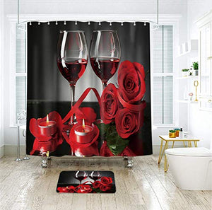 Riyidecor Red Rose Wine Shower Curtain for Bathroom Decor 72Wx72H Inch Valentines Romantic Floral Blooming Flower Lovers Couple Candles Panel Fabric Waterproof Polyester with 12 Pack Plastic Hooks