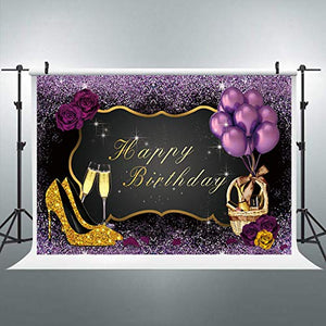 Riyidecor Purple Birthday Woman Backdrop 8x6 Feet Gold High Heels Champagne Glass Photography Background 30th 40th Adult Woman Elegant Cake Table Banner Birthday Decor Props Party Photo Shoot Vinyl