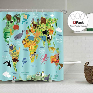 Riyidecor Kids Animal Map Shower Curtain 60Wx72H Inch Geography World Educational Children Forest Ocean Blue Colorful Decor Fabric Set Polyester Waterproof Fabric with 12 Pack Plastic Hooks
