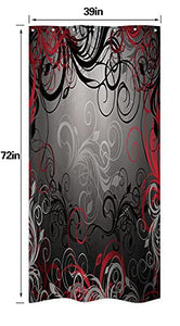 Riyidecor Red and Grey Black Shower Curtain Metal Hooks 7 Pack Leaf Swirl Floral Modern Forest Decor Fabric Set Polyester Waterproof Fabric Bathtub 39Wx72H Inch