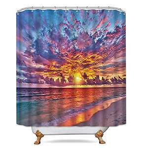 Riyidecor Sunset Sunrise Shower Curtain 60x72 Inch Romantic Beach Orange Sun Rays Seaside Ocean Waves Blue Sky Coastal Decor Fabric Set Polyester 12-Pack Plastic Hooks