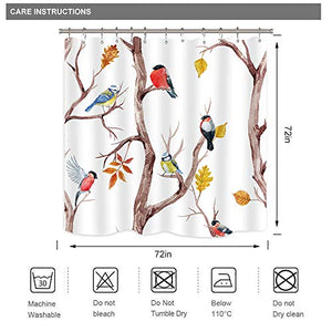 Riyidecor Birds Shower Curtain Watercolor Cute Lovely Classy Twig Branch Brown Trees Oil Painting Herbs 72x72 Inch Decor Fabric Set Polyester Waterproof 12 Pack Hooks
