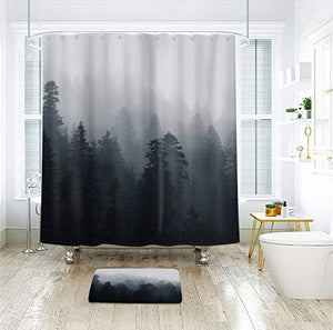 Riyidecor Fabric Forest Dark Mens Shower Curtain Set for Bathroom 72Wx72H Inch Nature Gothic Tree Winter Mountain Foggy Woodland Bath Curtain Outdoor Bathtub Accessories Art Decor 12 PCS Plastic Hook