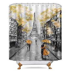 Riyidecor Extra Long Paris Shower Curtain 72W x 84H Eiffel Tower Landscape France Modern Couple Oil Painting Black Yellow European City Fabric Waterproof Bathroom Home Decor 12 Plastic Shower Hooks