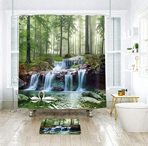 Riyidecor Scenic Nature Shower Curtain Forest Tree Spring Waterfall 72X72 Inch Rainforest Foliage Misty Jungle River Tropical Landscape Swan Lake Green Unique Home Polyester Fabric Bathroom Decor