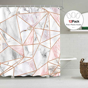 Riyidecor Geometric Marble Shower Curtain Pink Stripes 72Wx84H Inch Surface Blocks Cracked Pattern Lines White Panel Realistic Art Printed Fabric Waterproof Bathtub Decor 12 Pack Plastic Hooks