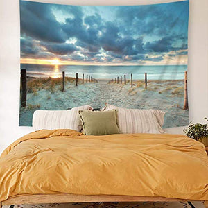 Riyidecor Ocean Beach Scenic Tapestry 80Wx60H Inch Nature Blue North Holland Brown Sundown Blue Sky Seaside Landscape Sand Vivid Wall Hanging Indigenous Bedroom Living Room