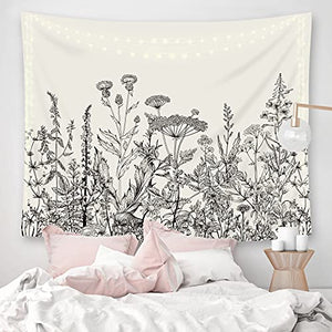 Riyidecor Plant Floral Tapestry Herbs Wild Flower 80Wx60H Inch Nature Botanical Vintage Blossom Garden Aesthetic Sketch Trendy Modern Wall Hanging Bedroom Living Room Decor