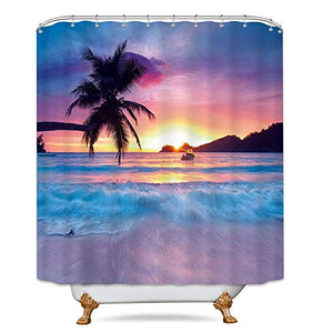 Riyidecor Beach Shower Curtain Ocean Sunrise Tropical Palm Tree Island Hawaiian Sunset Sea Waves Summer Bathroom Home Decor Set Waterproof Polyester 72WX72H Inch 12 Pack Plastic Hooks